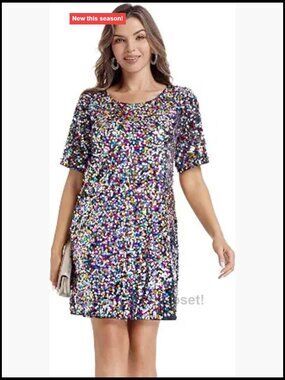 Sequin Shift Dress Crew Neck Half Sleeve Sparkly Party Club Cocktail